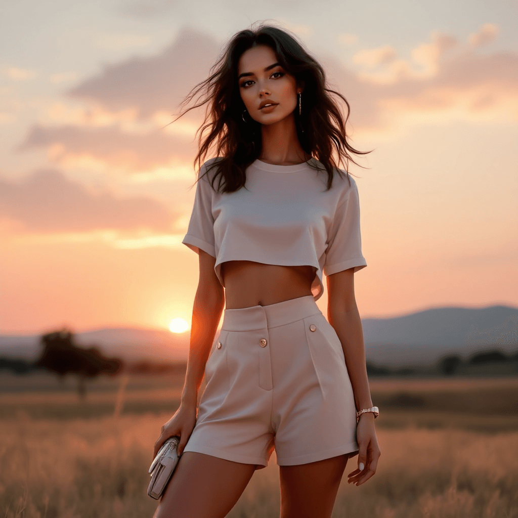 AI generated: Create a high-fashion design for a t-shirt print, featuring a stunning model showcasing a chic and m...