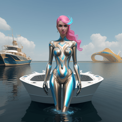 AI generated: commercial photo of a stunning woman standing in water near a boat, in the style of colorful futuris...