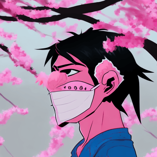AI generated: Create in from a profile view a character of a young man with messy black hair, wearing a pink oni m...