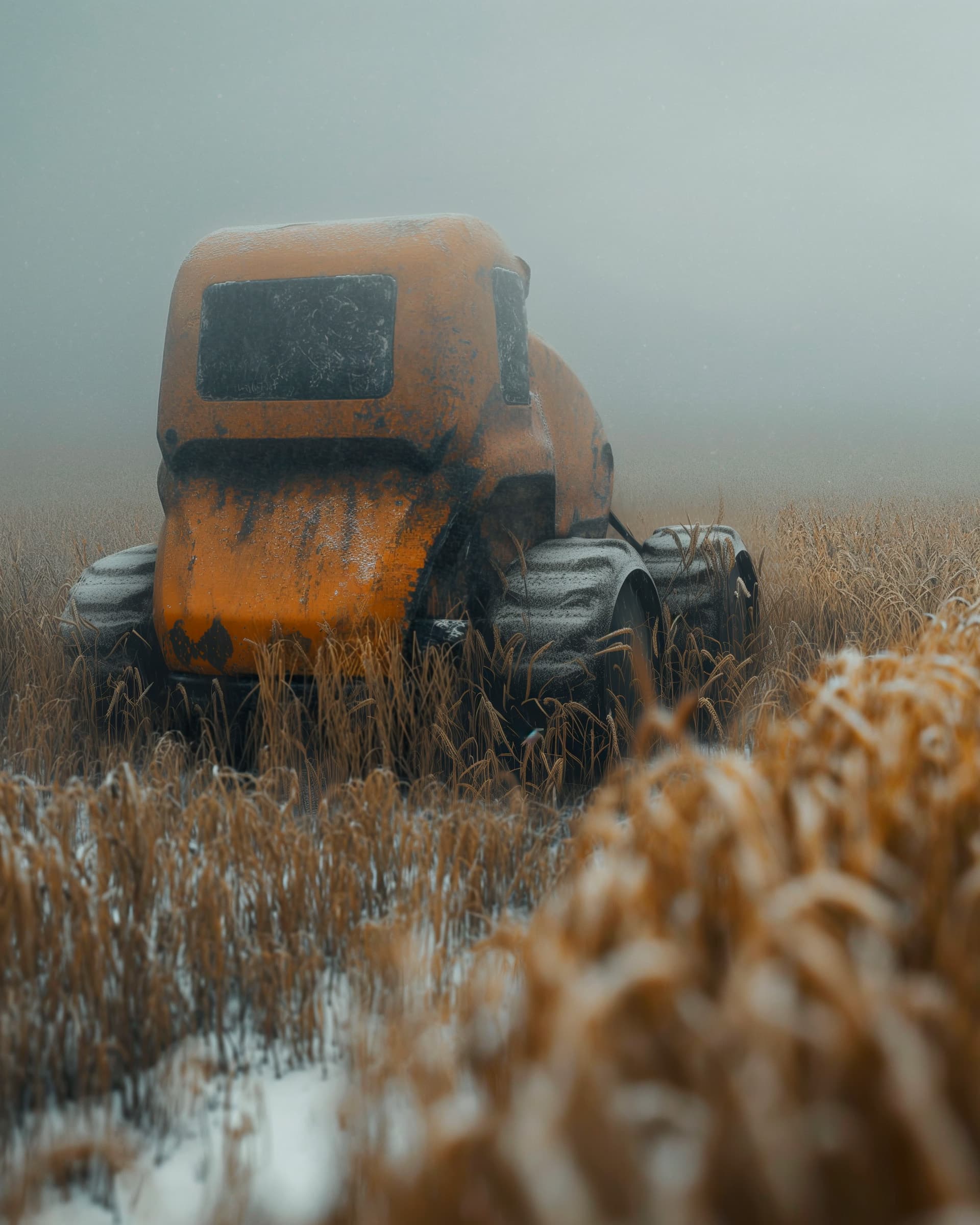 AI generated: long shots, high angles, a orange robot with wheels, snowy, foggy, yellow wheat field