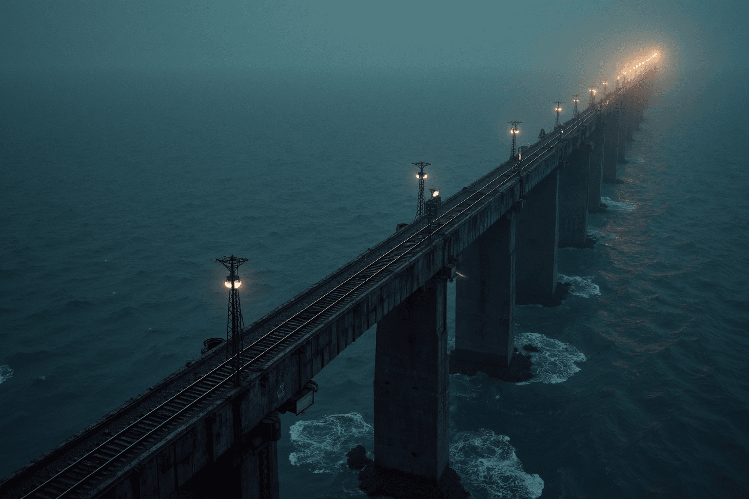 AI generated: Aerial view of a colossal brutalist megastructure rising solitary from tumultuous ocean waves, stret...