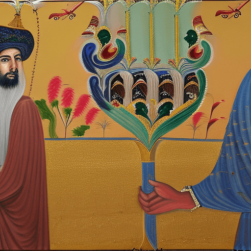 AI generated: A highly detailed and intricate painting by Kamal-al-Din Behzad, Herat school, Persian miniature, vi...
