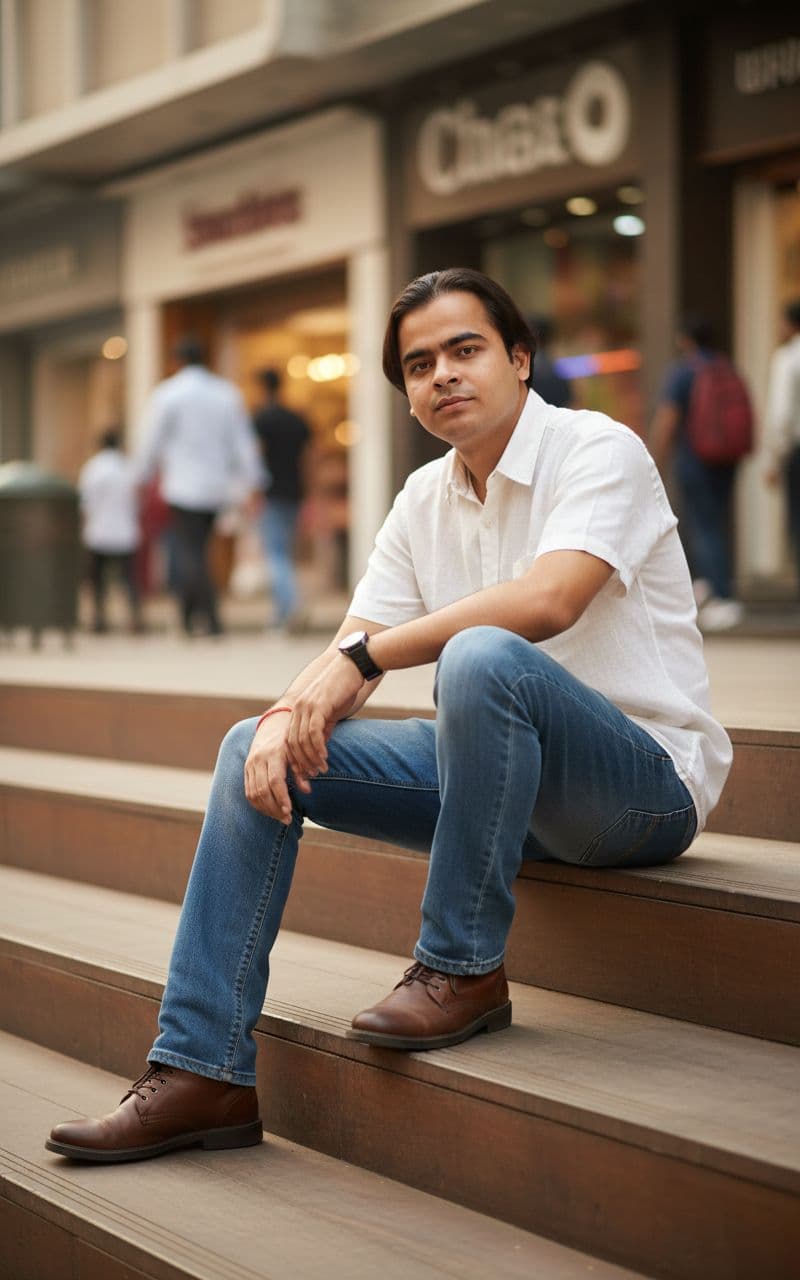 AI generated: Outdoor street-portrait in New Friends Colony CC Market, New Delhi.



A stylish young man (use ...