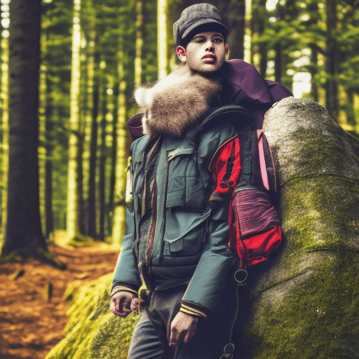 AI generated: furry, fursona, anthro, wolf male, anthropomorphic, clothed, puffy jacket, backpack, (subject on the...