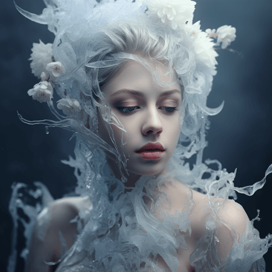 AI generated: Close up portrait of female face. Frosted skin, rime ice. Crystallized, elegant botany. Intricate ha...