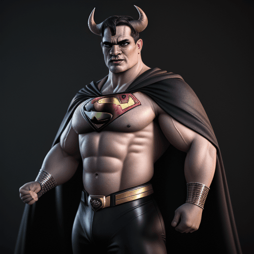 AI generated: a bull-faced man with a bodybuilder body that is wearing and a black cape with the sign of superman,...