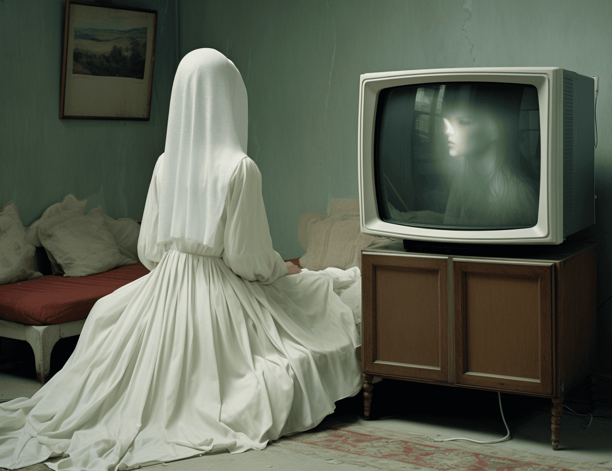 AI generated: actress is dressed in a white dress while posing beside a small television, in the style of the blue...