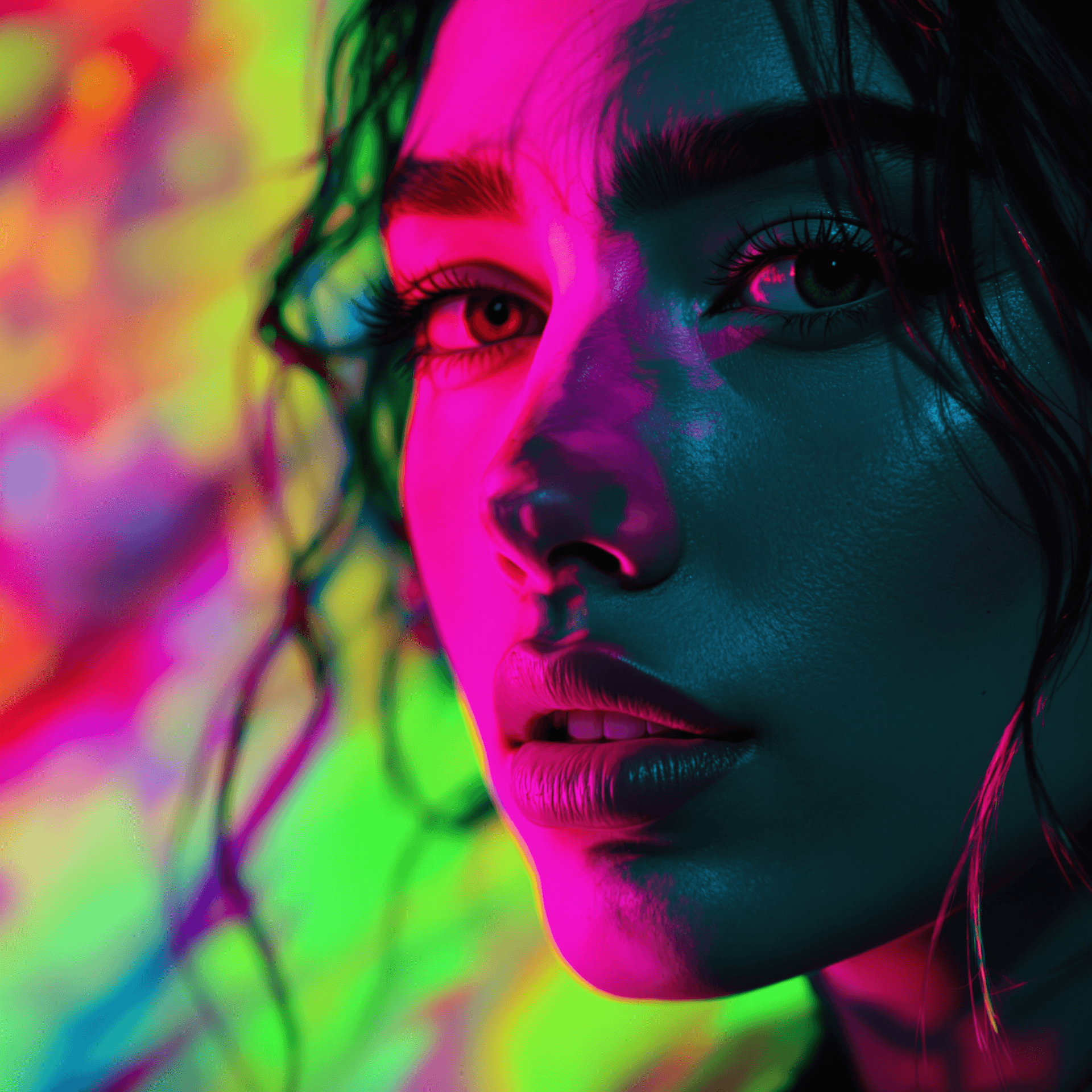 AI generated: Close-up portrait of a woman with a neon pink shadow on her face against a colorful background, with...