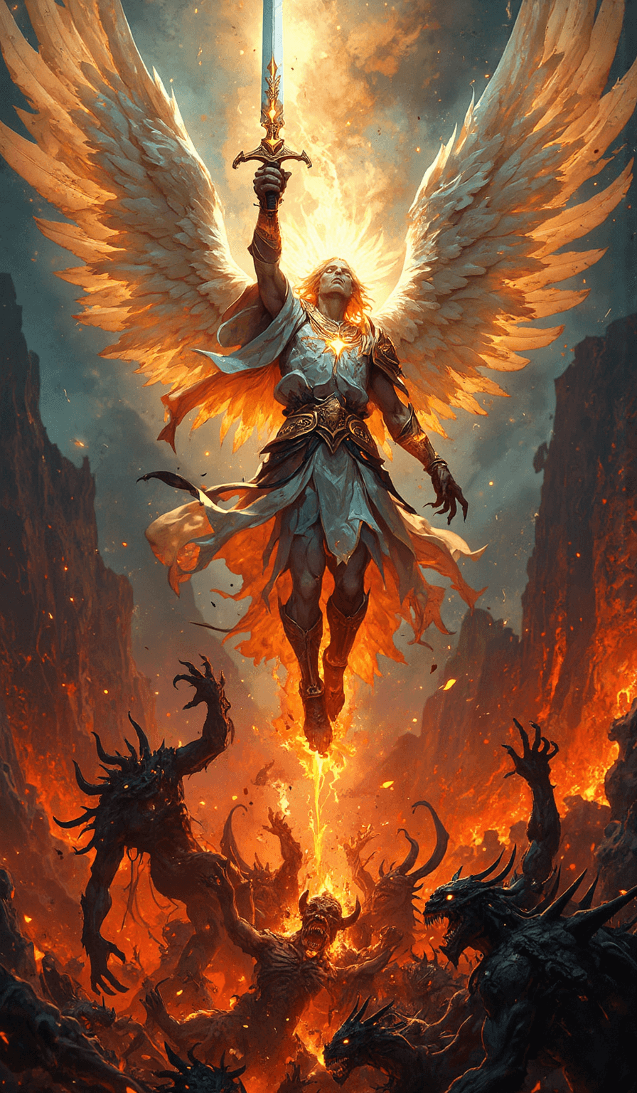 AI generated: An epic, gritty scene (1.8) in the style of Makoto Shinkai (1.6), showcasing an archangel ascending ...