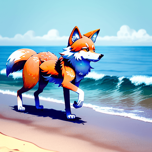AI generated: A cute kemono wolf walking by the sea in summer