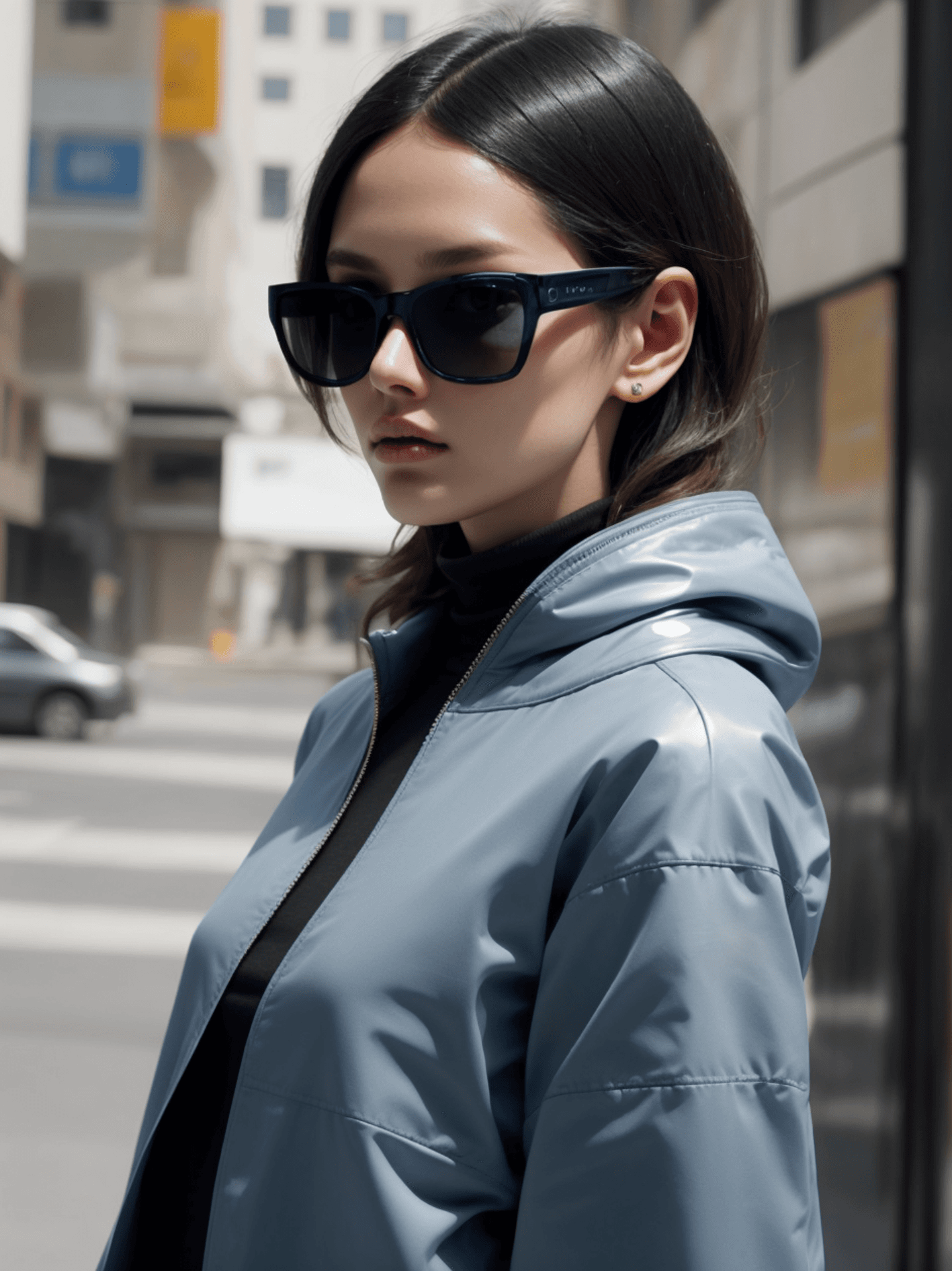 AI generated: Fashion shoot, Jacquemus and Moncler collaboration: dark blue translucent futuristic sunglasses, hyp...