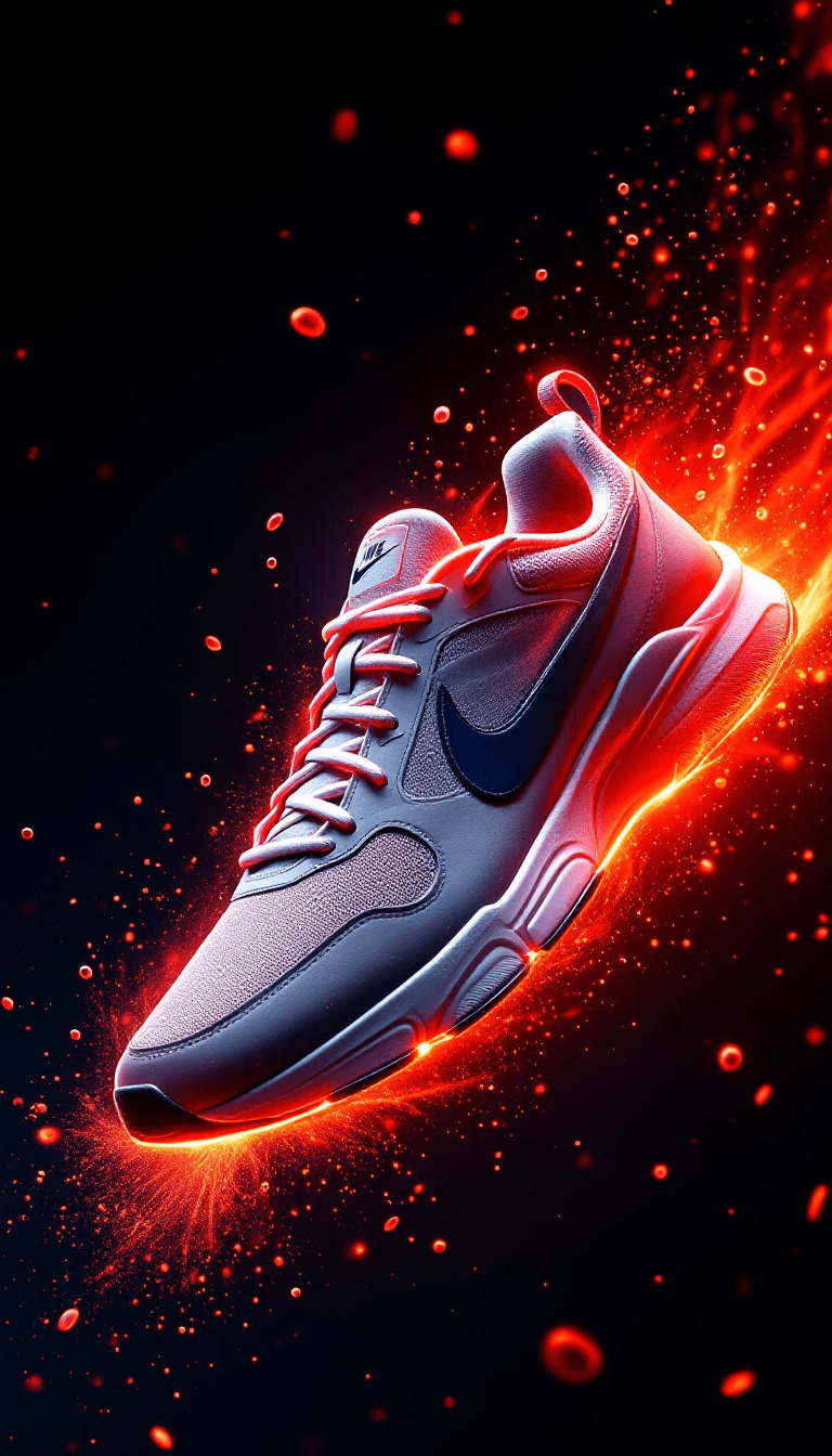 AI generated: Premium Nike sneaker with subtle red energy whisps around edges, initial particle formation, luxury ...