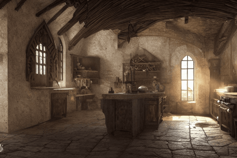 AI generated: medieval kitchen l : : close shot : : 3 5 mm, realism, octane render, 8 k, exploration, cinematic, t...