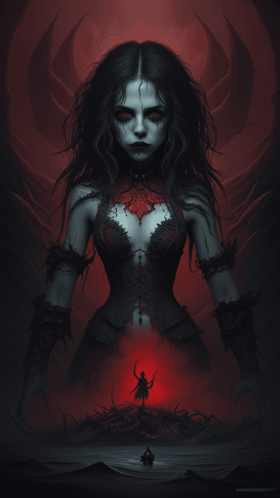 AI generated: "I'm drowning in logistics", dark fantasy digital illustration, intricate details, ominous colors, r...
