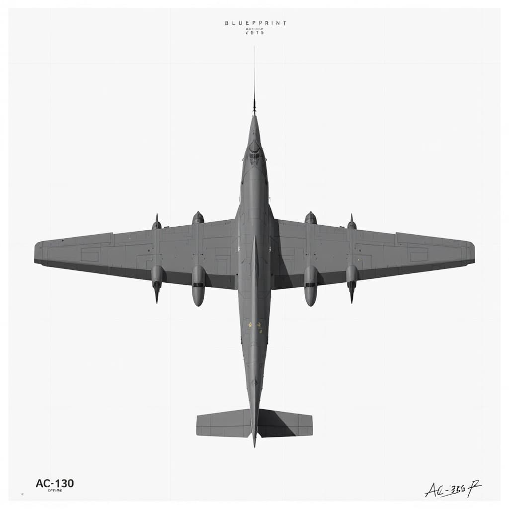 AI generated: 15.	“A blueprint for an AC-130 Spectre, high-res, blueprint grid as background”