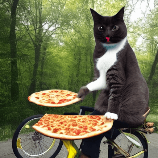 AI generated: A cat riding a bicycle with a pizza in hand