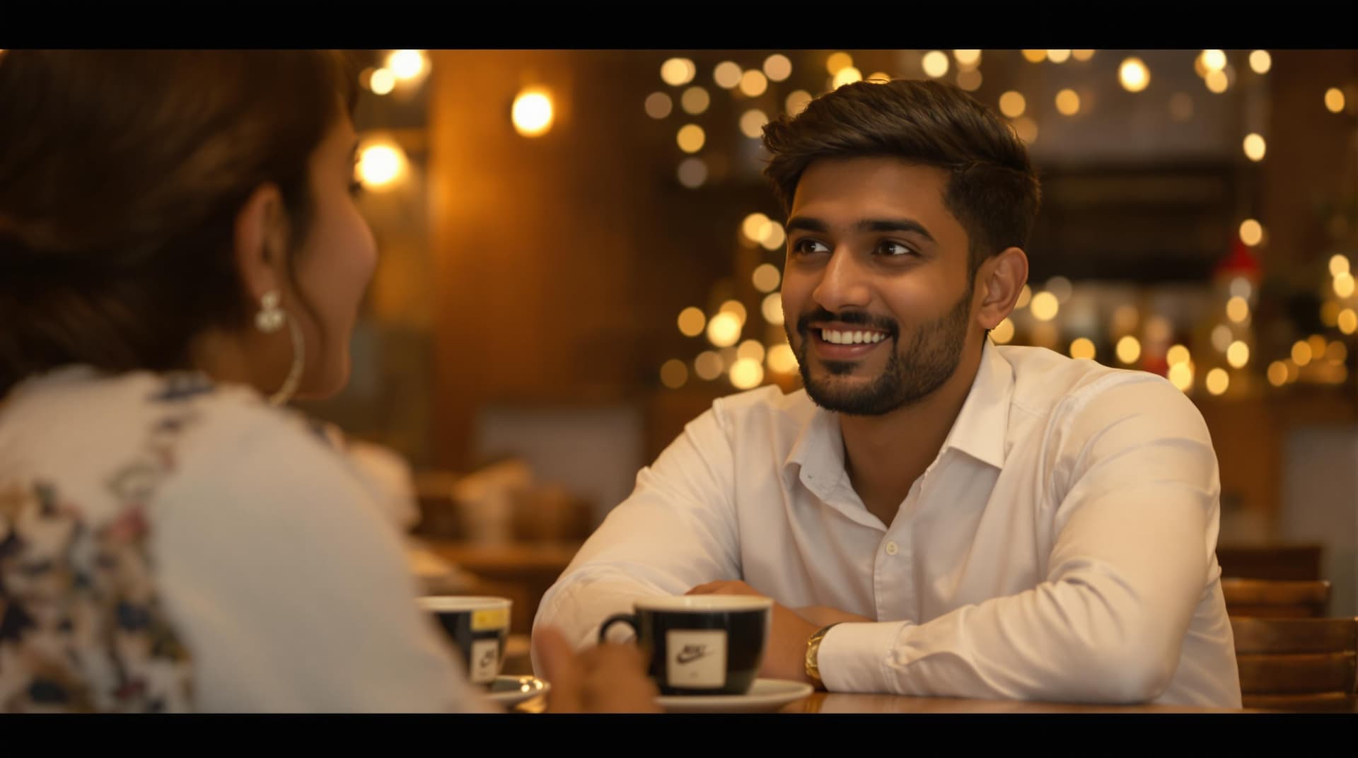 AI generated: (Cinematic UHD, over-the-shoulder shot of a young Indian woman looking at a young Indian man, his fa...