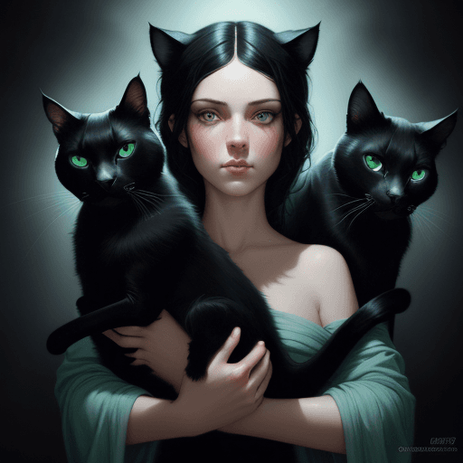 AI generated: girl with black hair holding two black cats in the blue light and green eyes, in the style of artger...