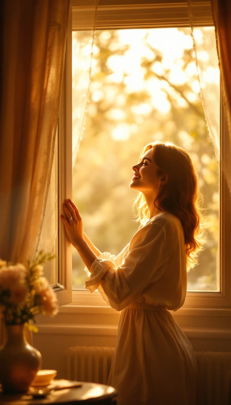 AI generated: A young person smiling while opening a window, letting warm sunlight flood into the room. Hyper-real...