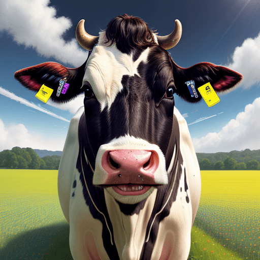 AI generated: A happy cow in a field with a solar panel strapped to its back,  in the style of illusory wallpaper ...