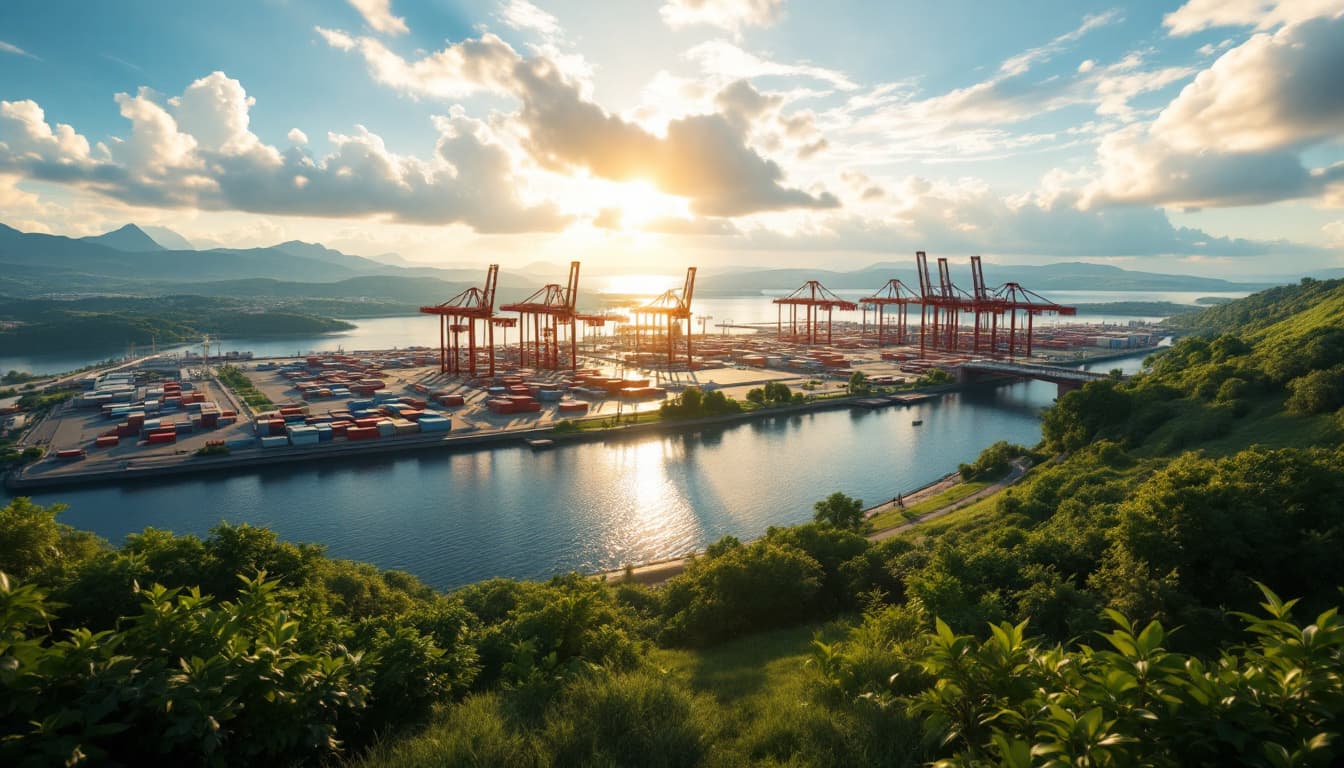AI generated: A hyper-realistic image of a container terminal, dramatic light, Blue skies, warm sunlight, lush gre...