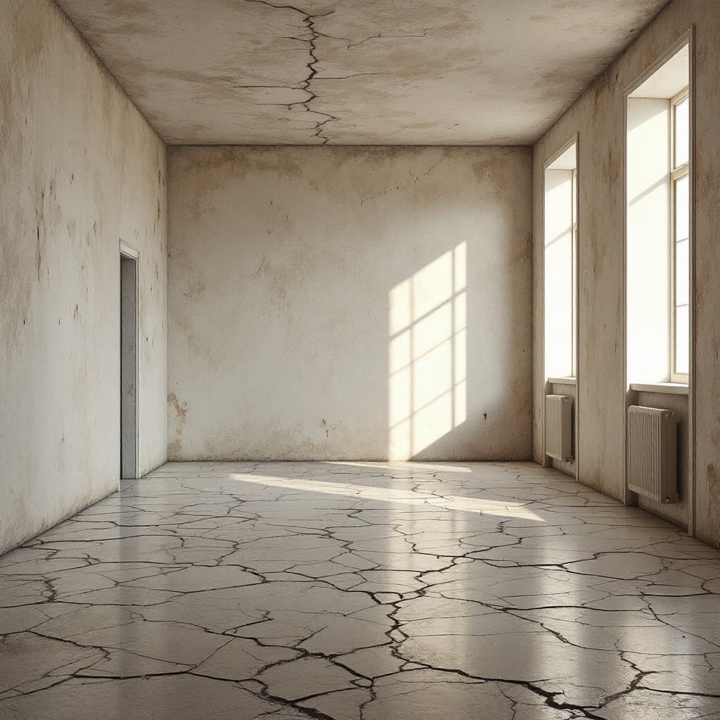 AI generated: empty abstract room with cracked floor,slight decay on the walls, realistic 3d illustration. cinemat...