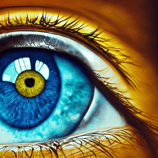 AI generated: Hyper realistic eye, close up, high definition, blue and gold leafs,  