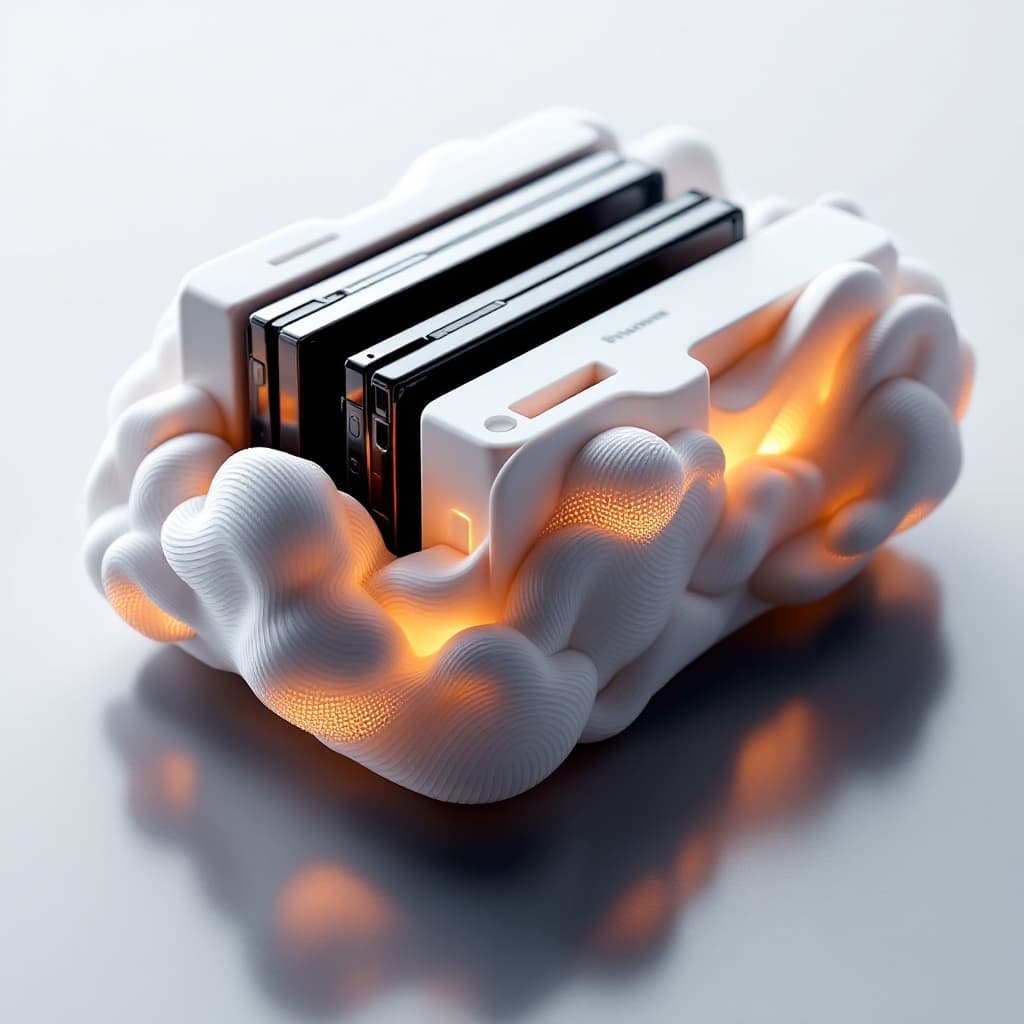 AI generated: 3D printed external hard drive rack, cloud shapess on he sides, high quality intricate details, smoo...