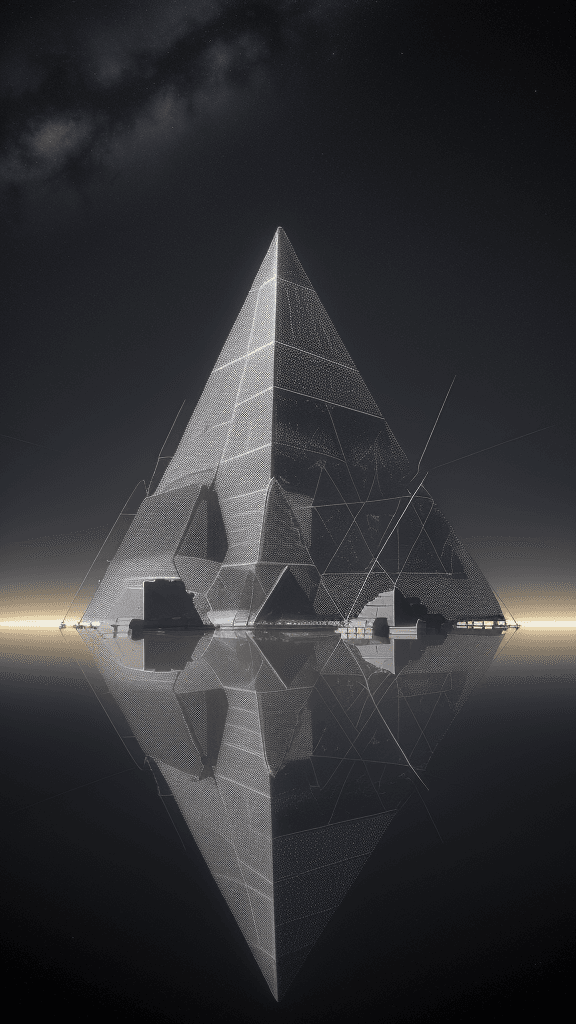 AI generated: A landscape of futuristic pyramids made of glass and metal, experimental architecture landscape wire...
