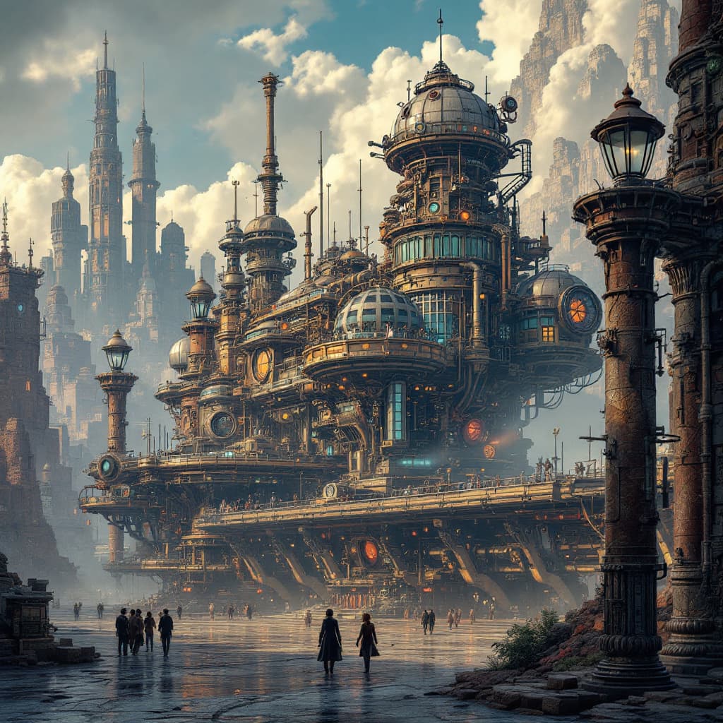 AI generated: A retro-futuristic  Steampunk Architecture "Airport", Poster art, HDR, retro futuristic  circa early...