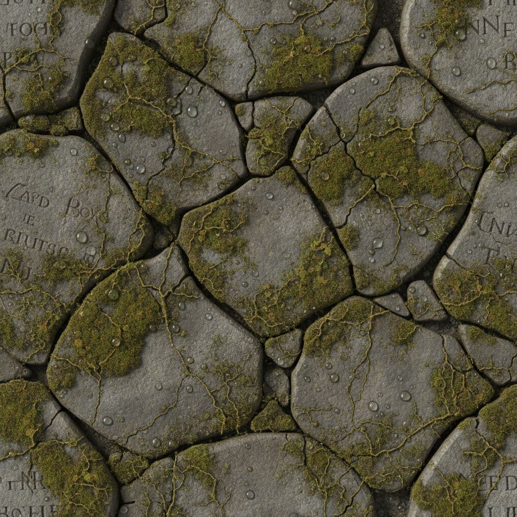 AI generated: Ultra-realistic 3D seamless texture of cracked, moss-covered gravestones 
