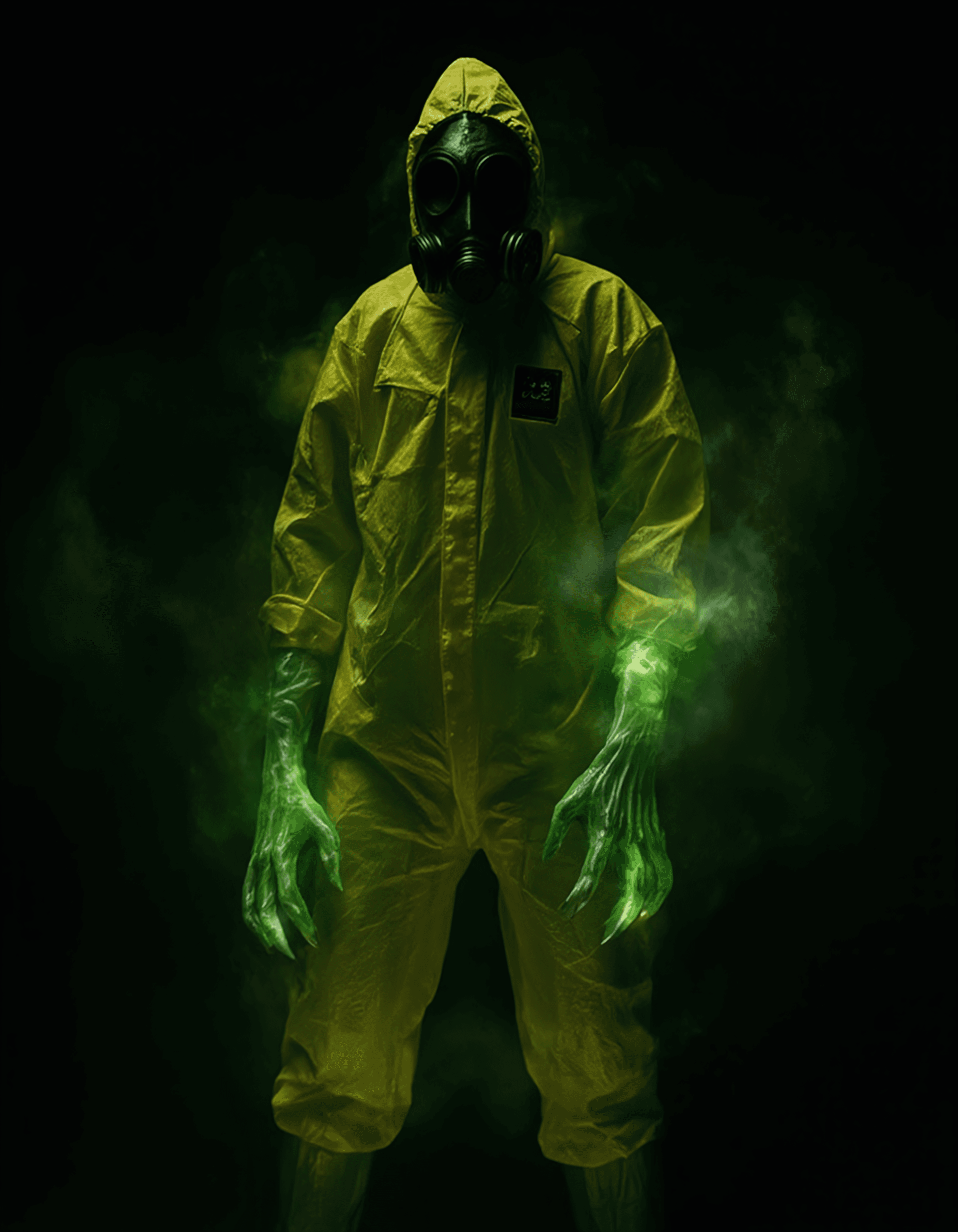 AI generated: Cinematic-style photograph, digital medium. A humanoid figure dressed in a yellow hazmat suit and ga...