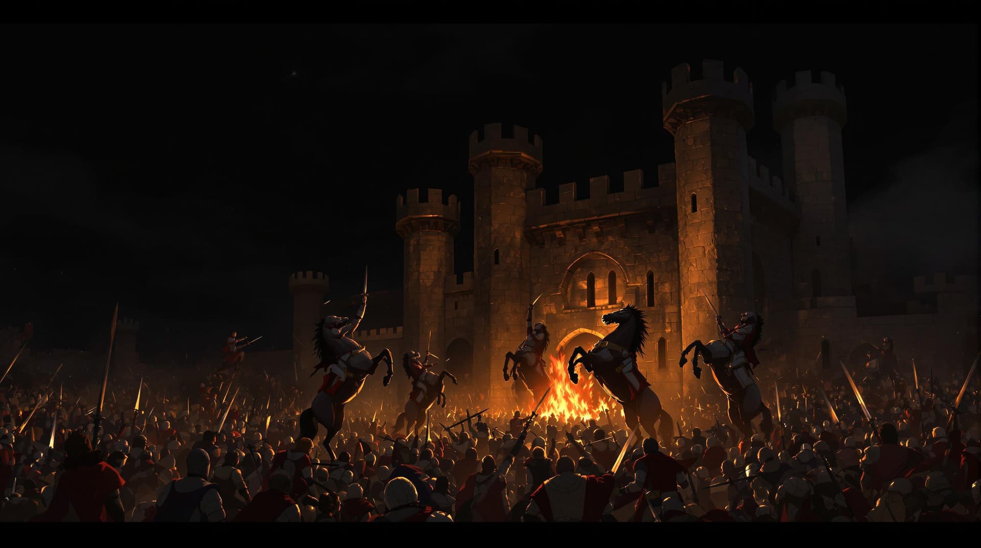 AI generated: a medieval battle scene in front of a castle, with a large crowd of people and horses. The castle is...