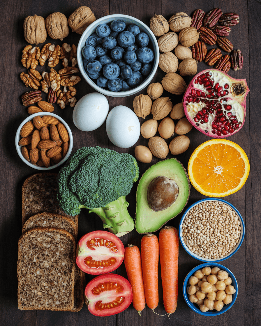 AI generated: High angle, overhead view of various healthy foods arranged on dark wooden surface. Fresh blueberrie...