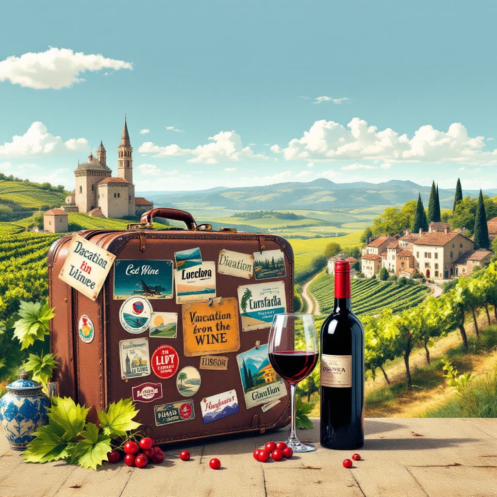 AI generated: Create a modern image collage with an old-fashioned suitcase and a good bottle of red wine in the fo...