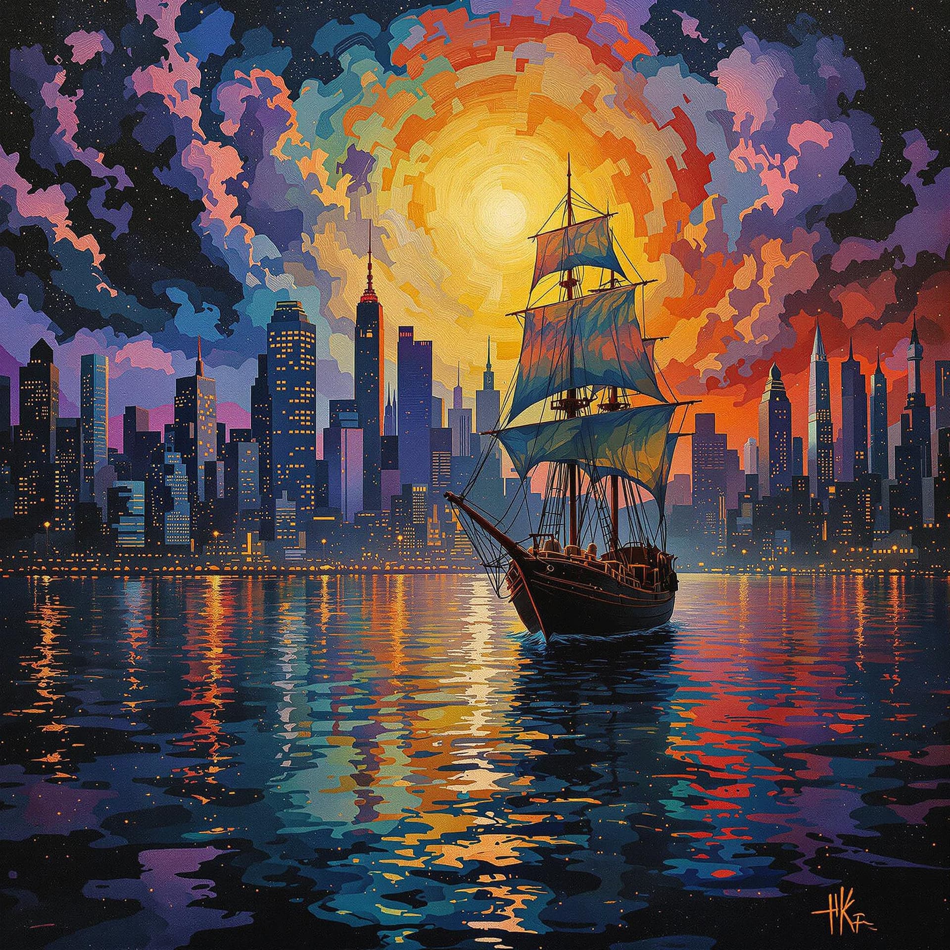 AI generated:  Psychedelic, Surreal. A painting of Manhattan  as seen from a schooner lighting, battered, low angl...