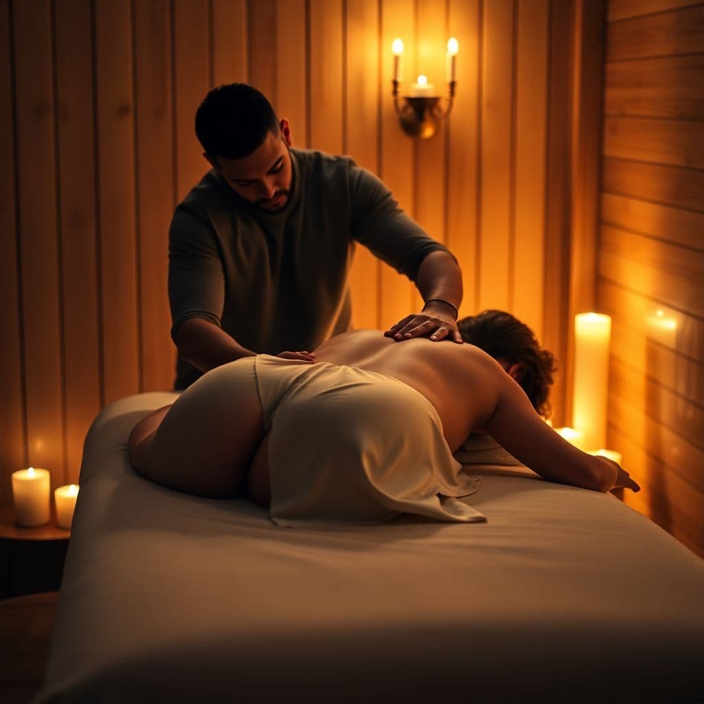 AI generated: > In a softly lit private massage room, golden candlelight flickers against the warm wooden walls. A...