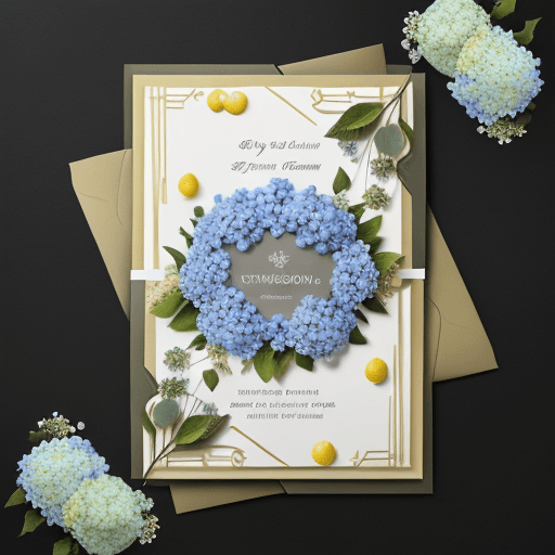 AI generated: wedding card with hydrangea and myosotis crown, lemons and birds, and one cut little black cat