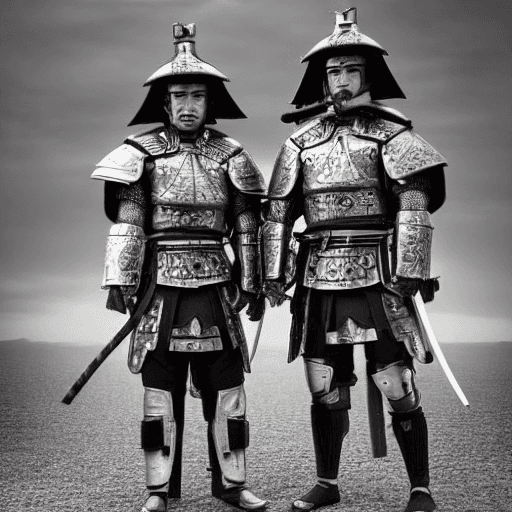 AI generated: two samurai in armor stand in a black and white picture, in the style of uniformly staged images, in...