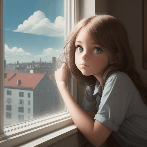 AI generated: Curious girl resting in a window with a view of the animated front