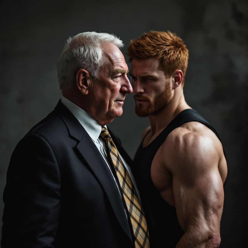 AI generated: high-resolution photo of a old man wearing suit and tie, spanking muscular, man with light red hair,...