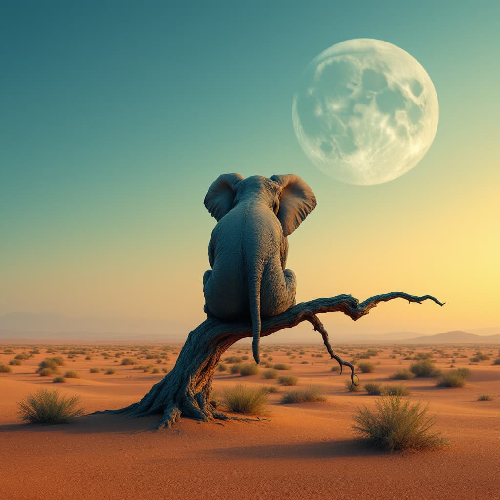 AI generated: A surreal depiction of an elephant, facing away the viewer, sitting on a thin, fragile looking bare ...
