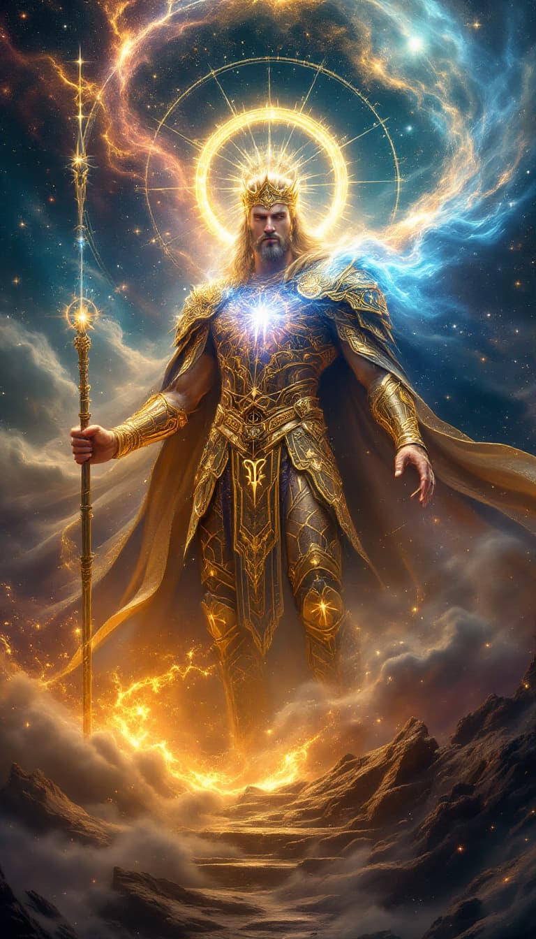 AI generated: “The Emperor’s Celestial Dominion” – A majestic Emperor emerges from swirling cosmic storms, his for...
