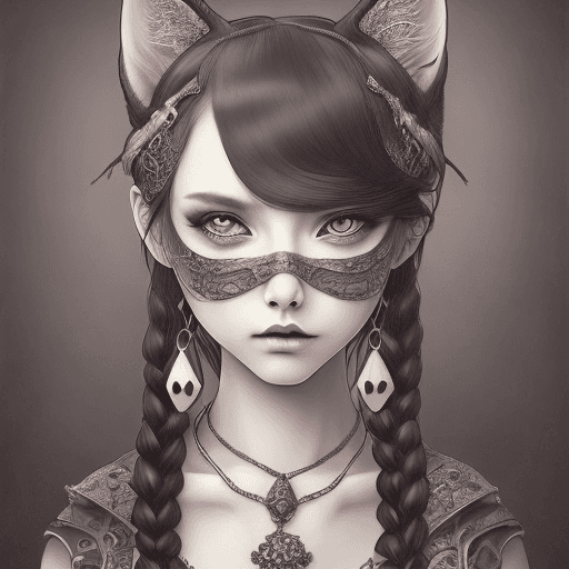 AI generated: a girl with unforgiving eyes and a cat in her arms, girl in black barlot dress, metal earrings, doub...