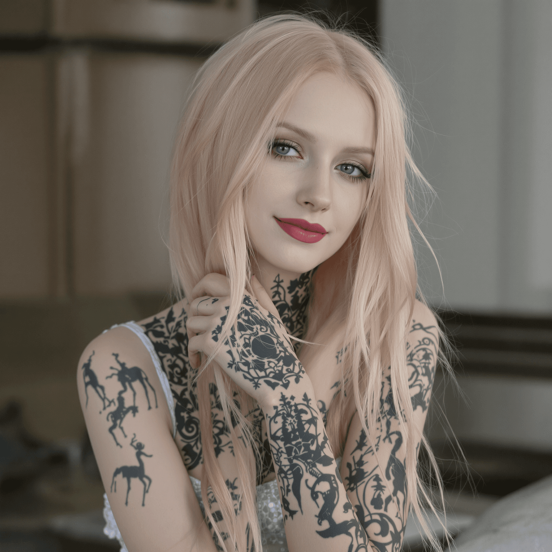 AI generated: High resolution photography 8K of an anorexic tall and slender 25-year-old woman with long, light pi...