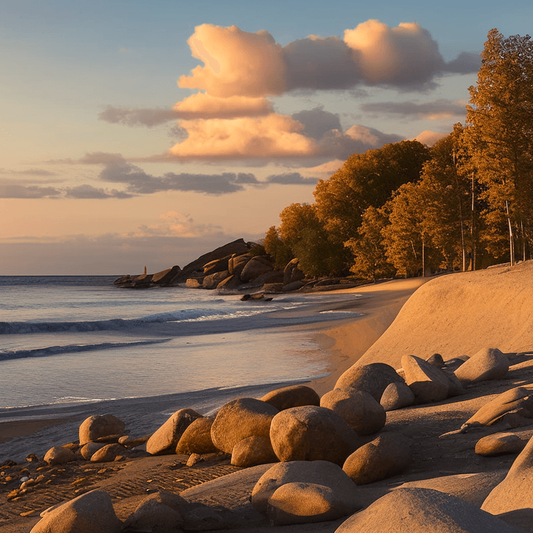 AI generated: hyperrealistic oil on canvas,
sparse clouds in a sky, 
sandy beach, trees, rocks,
beautiful setting,...