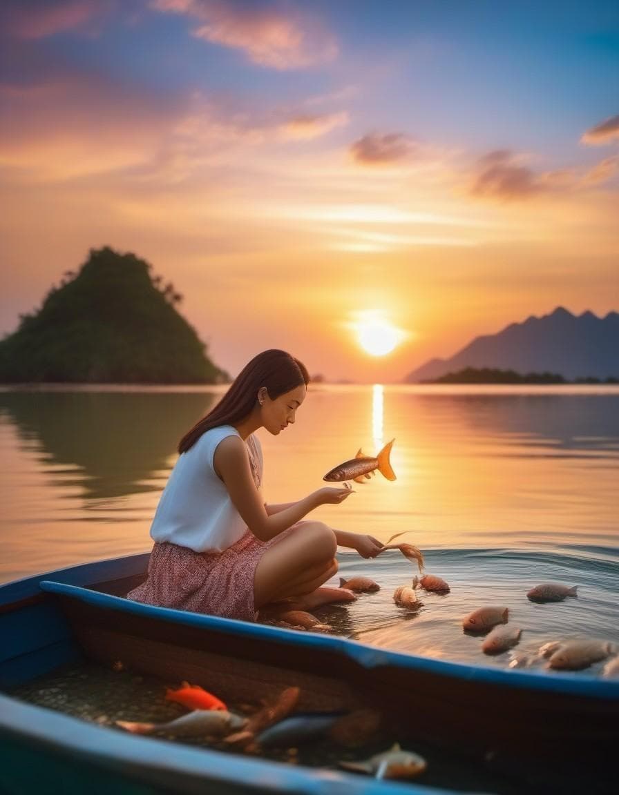 AI generated: Girl feeding fish while sitting on a boat in the clear water with beautiful fish and an amazing suns...