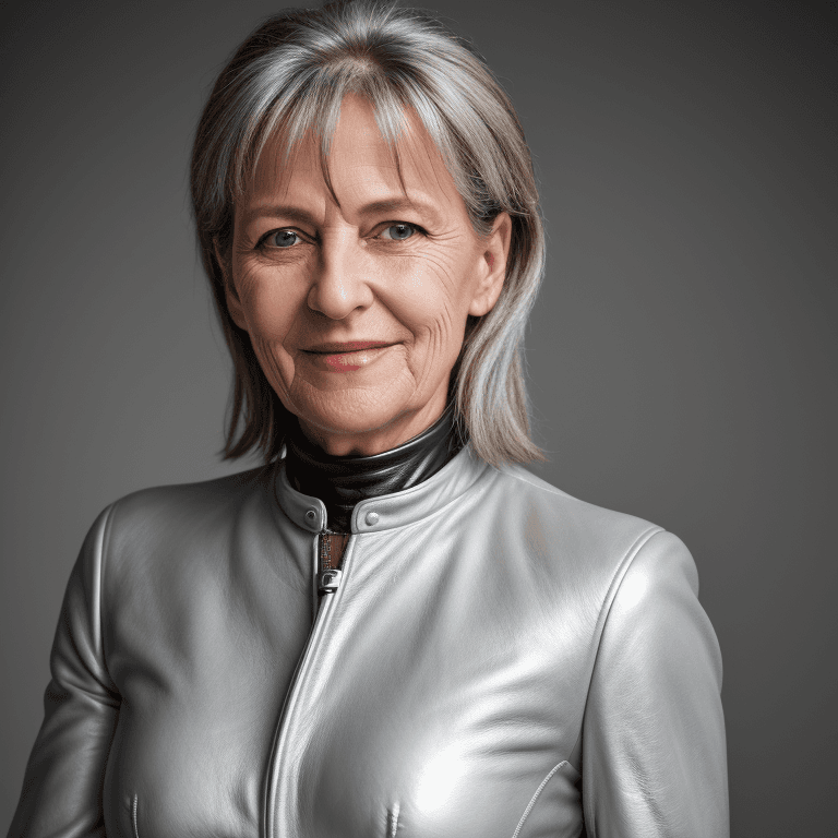 AI generated: hyper realistic headshot photo of a 55 year old german woman, wearing a silver leather suit, looking...