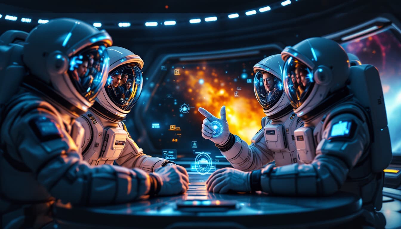 AI generated: /imagine prompt: Astronauts in zero-gravity chamber conducting interstellar meeting, helmet HUDs sho...