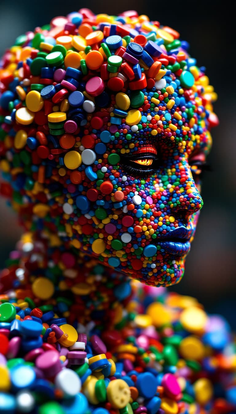 AI generated: highly detailed, Lego Grateful Dead human, inspired by recycled plastic chips, showcasing vibrant mu...